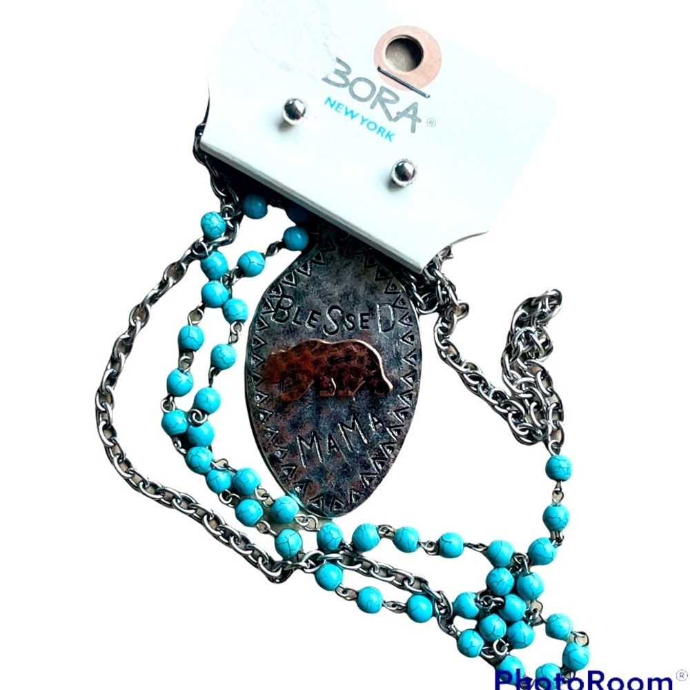 Bora NY Blessed Mama Long Turquoise Necklace & Earring Set